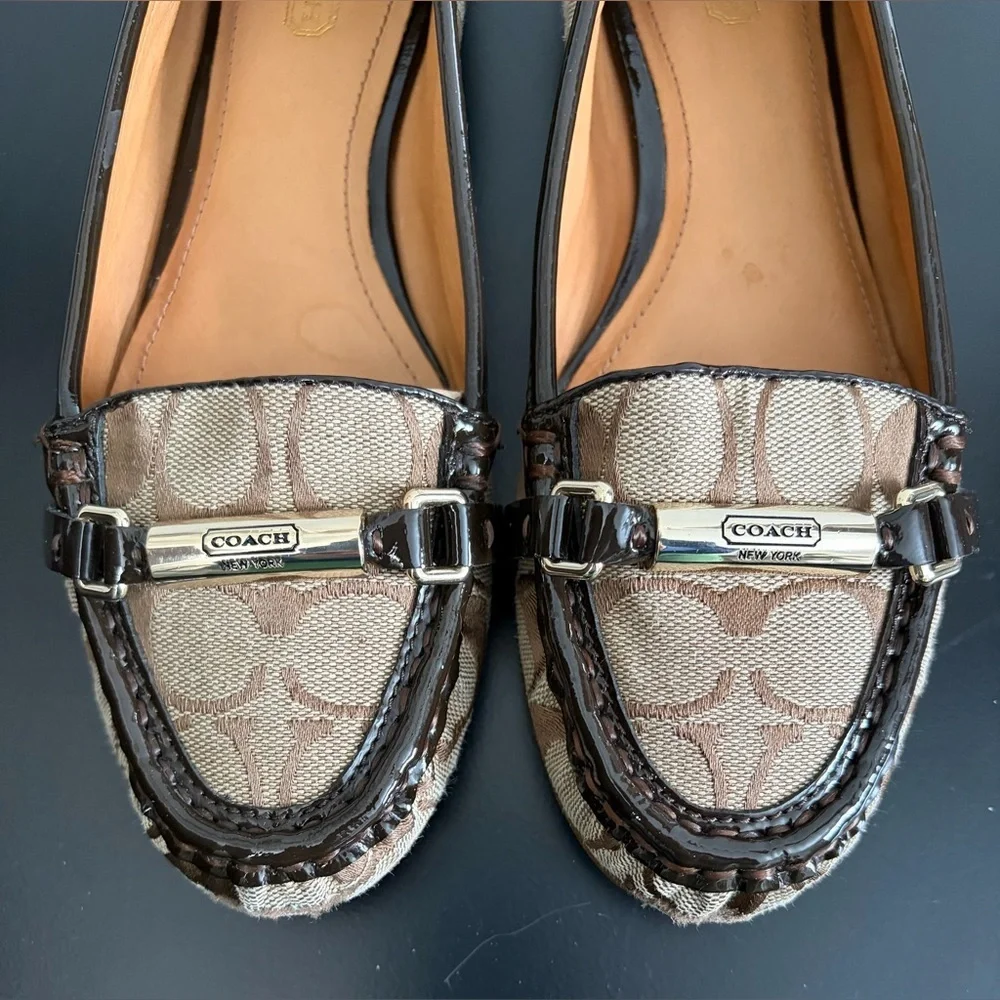Coach Beige Signature Jacquard Loafers with Brown Patent Trim
